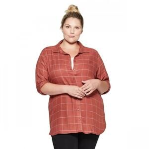 Ava & Viv Tunic Shirt Plus 2X Plaid Long Sleeve Collared Button Down Orange